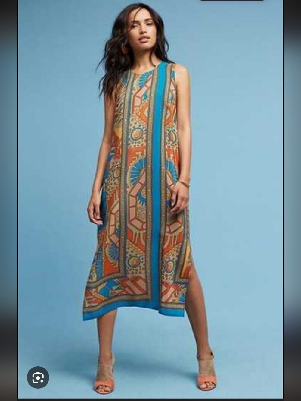 Akemi+ Kin Anthropologie Silk Geometric Print Dress_Turquoise & Orange_M